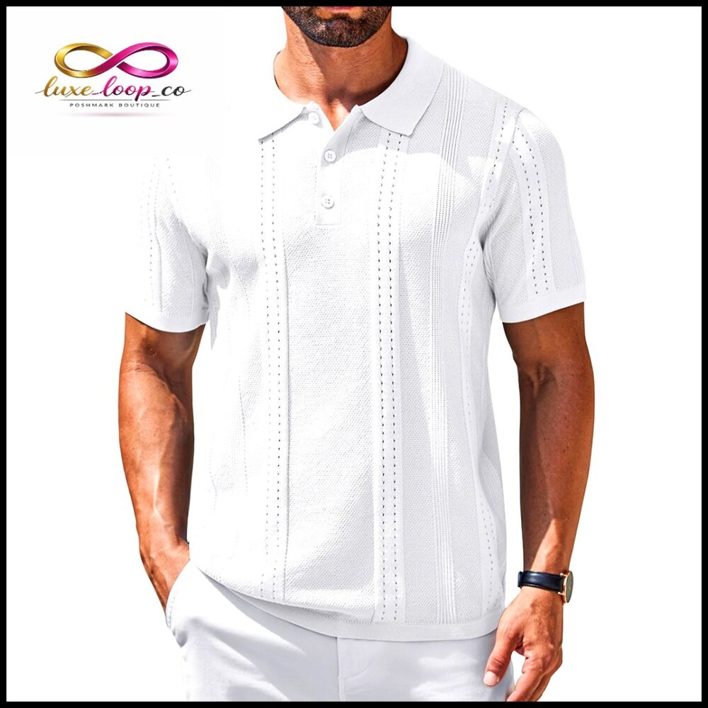 Men's Knit Polo Shirt Short Sleeve‎ Button Down Cuban Guayabera Summer